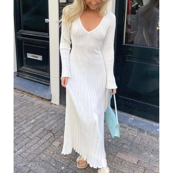 Women's Ribbed Knit Sweater Dress Casual Bodycon V Neck Long Sleeves - Picture 5 of 6